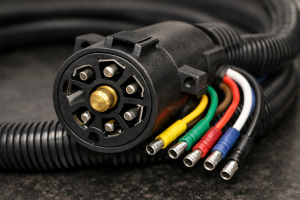 7-pin trailer connector with yellow, green, brown, red, white, blue, and black wires