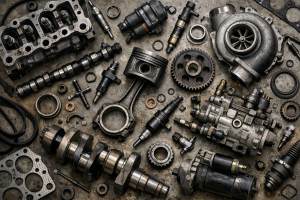 Home 10 Various used car engine parts including piston, crankshaft, turbocharger, and gears