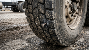 Home 8 Close-up of a large truck tire with a nail stuck in its tread